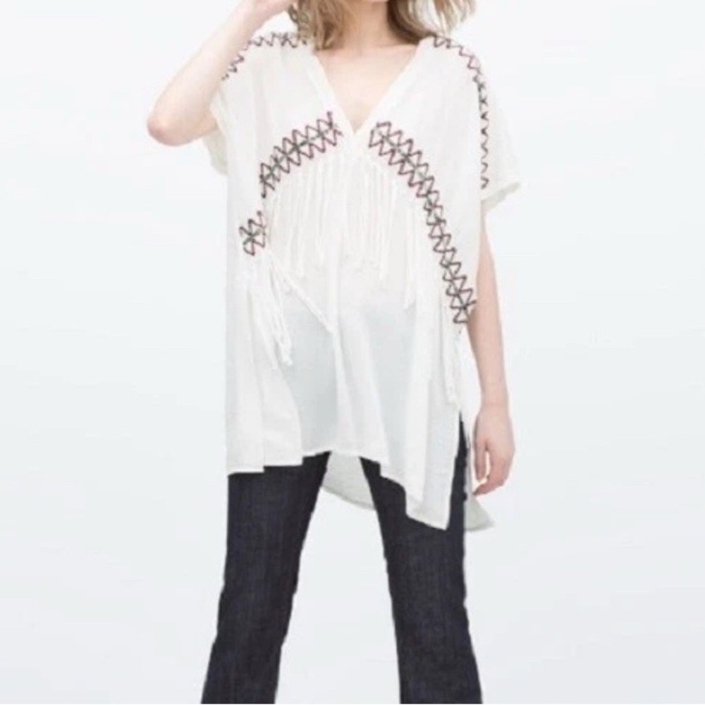 Zara White Fringe Deep VNeck Oversized Embroidered Festival Boho Tribal Top 3465